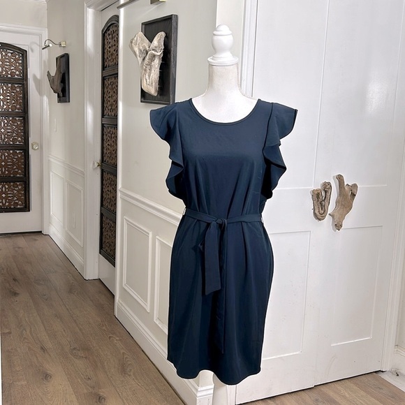 Banana Republic Women Navy Crepe Shift Dress Flutter Sleeve Belted S Fall Chic - Picture 1 of 8